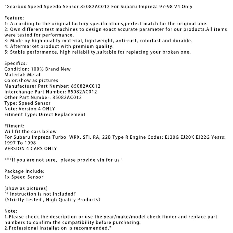 Gearbox Speed Speedo Sensor 85082AC012 For Subaru Impreza 97-98 V4 Only