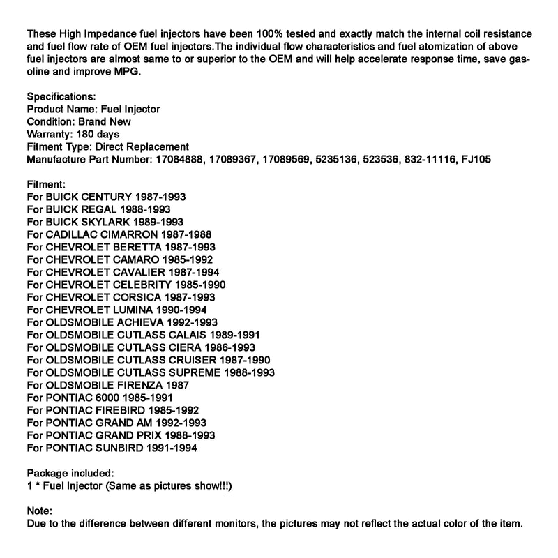 1PCS Fuel Injector 5235136 Fit GM 2.8L 3.1L 3.3L V6 1985-1994 17089569