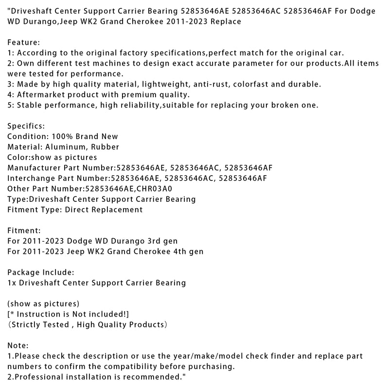 Driveshaft Center Support Carrier Bearing 52853646AE For Dodge WD Durango