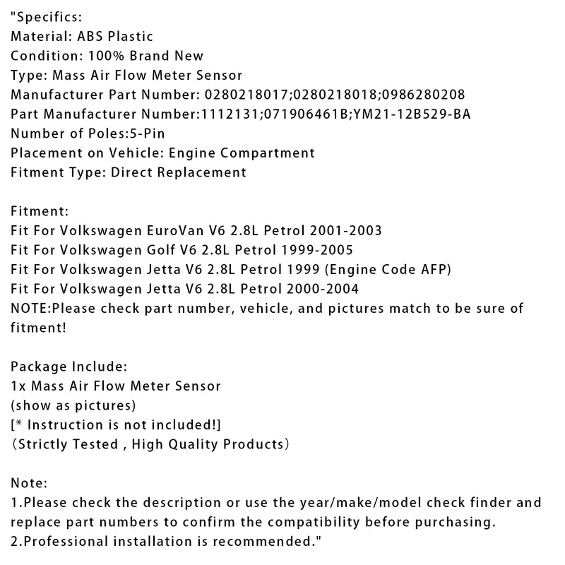 Mass Air Flow Meter Sensor For Volkswagen Golf Jeeta EuroVan 2.8L 0280218017