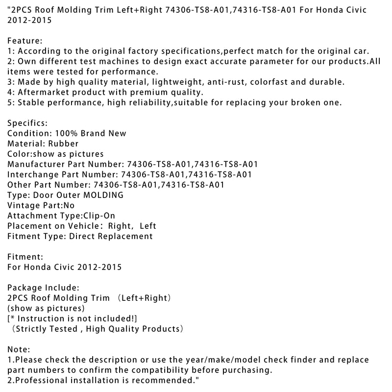 2PCS Roof Molding Trim Left+Right For Honda Civic 2012-2015