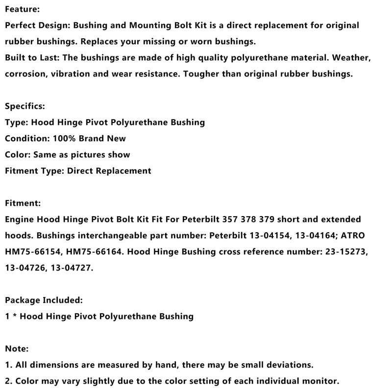 Hood Hinge Pivot Bushing Kit Mounting Bolt 13-04154 Fit Peterbilt 357 378 379