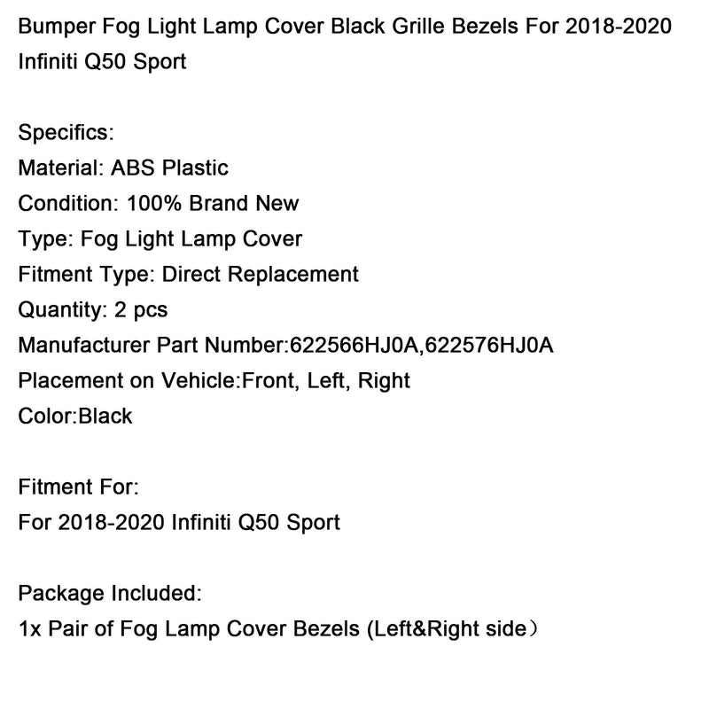 Bumper Fog Light Lamp Cover Black Grille Bezels For 2018-2020 Infiniti Q50 Sport