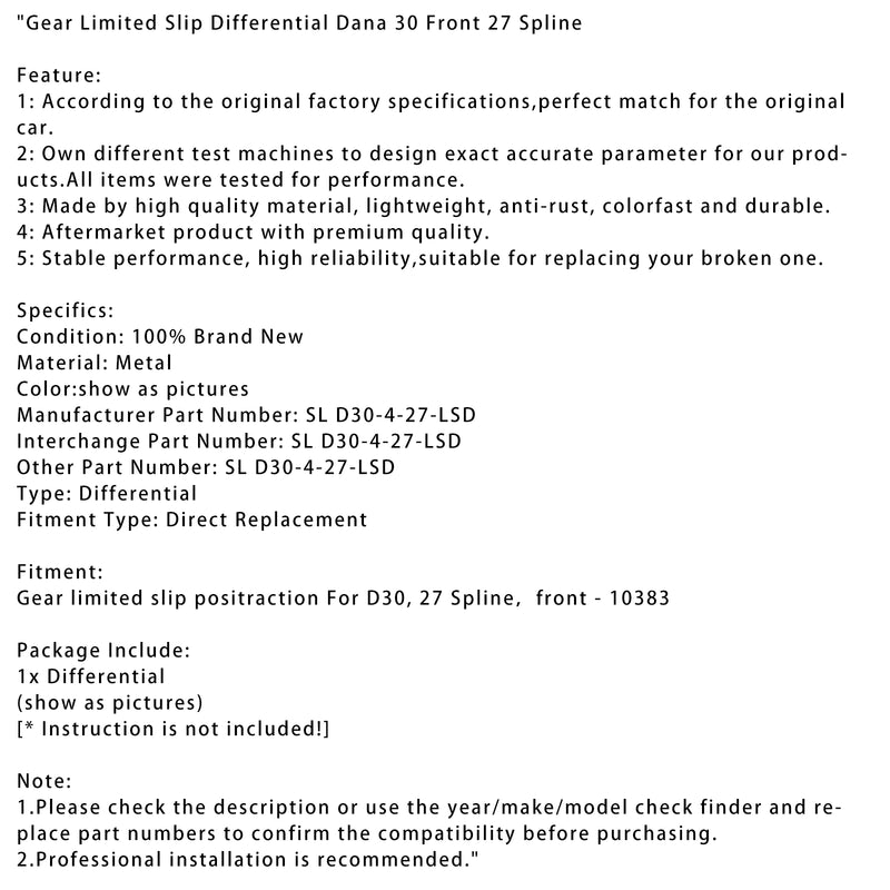 Gear Limited Slip Differential Dana 30 Front 27 Spline