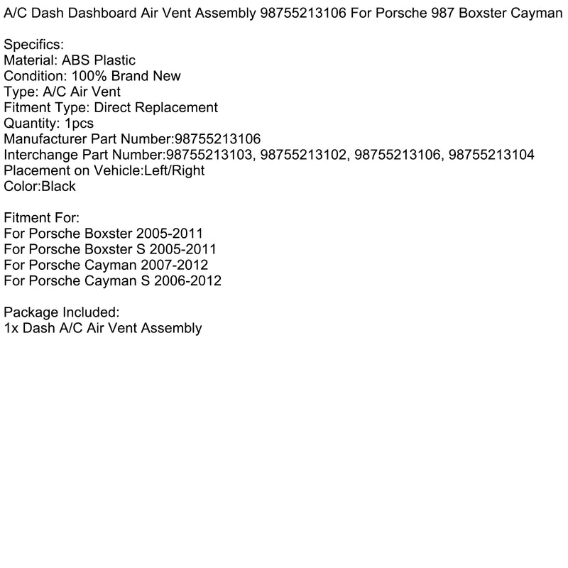 Dashboard A/C Air Vent Assembly 98755213106 For Porsche 987 Boxster Cayman