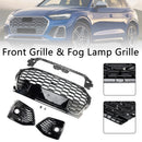 Front Bumper Grille Honeycomb Grill & Fog Light Cover Fit Audi Q5 2021-2025