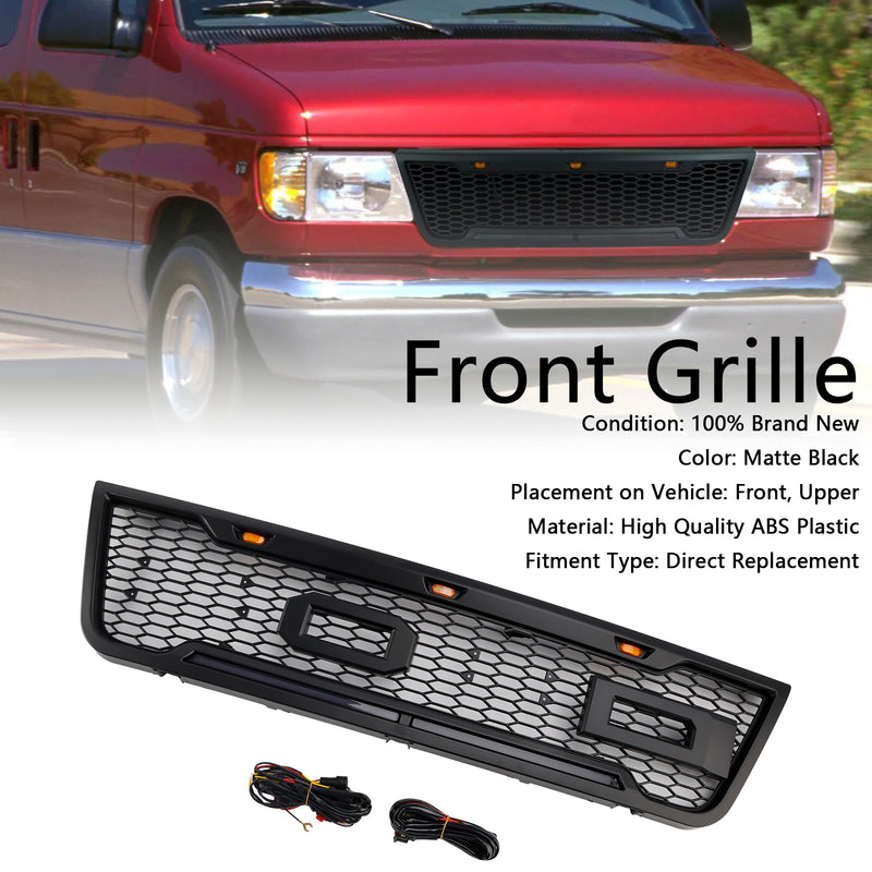 Black Front Bumper Grill Grille Fit Ford E150 E250 E350 2003-2007 With Led