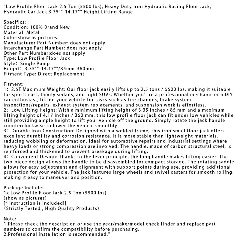 Low Profile Floor Jack 2.5 Ton (5500 lbs)  3.35"-14.17" Height Lifting Range