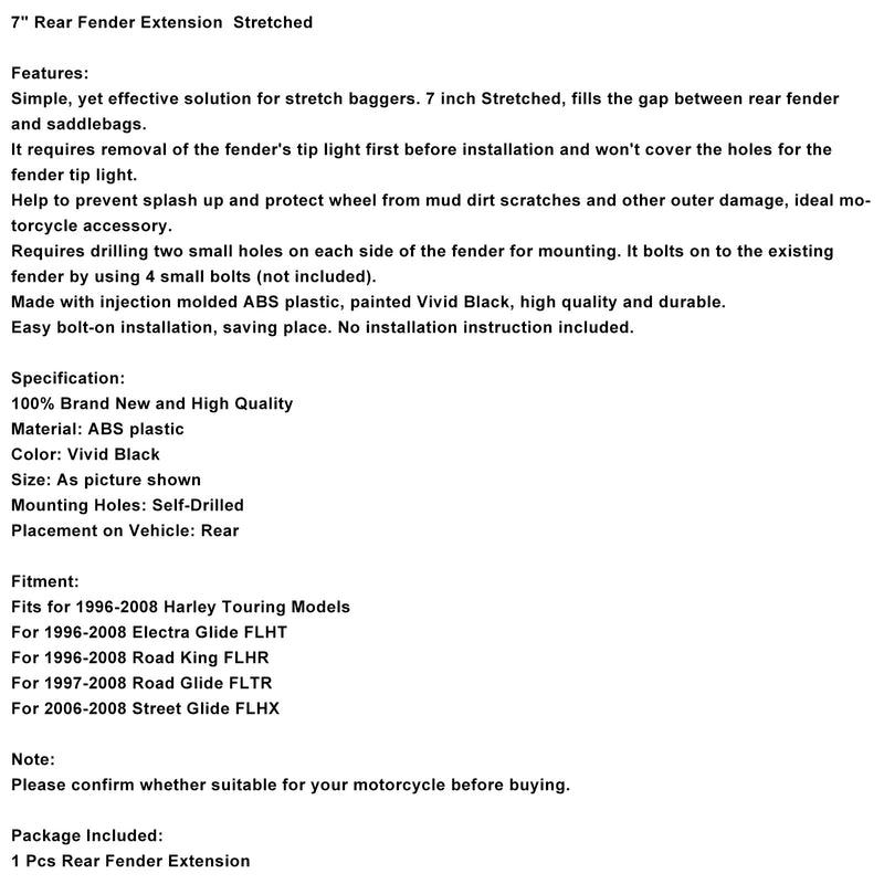 7" Rear Fender Extension Stretches For Touring Electra Glide Road King 96-08