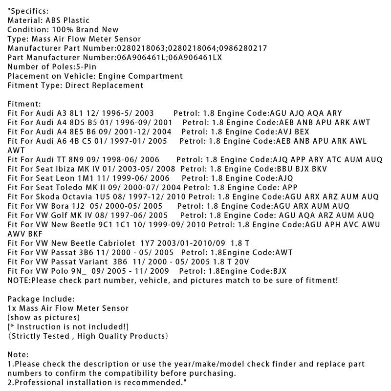 Mass Air Flow Meter Sensor For Audi A4 TT VW Golf IV Bora 1.8T 0280218063