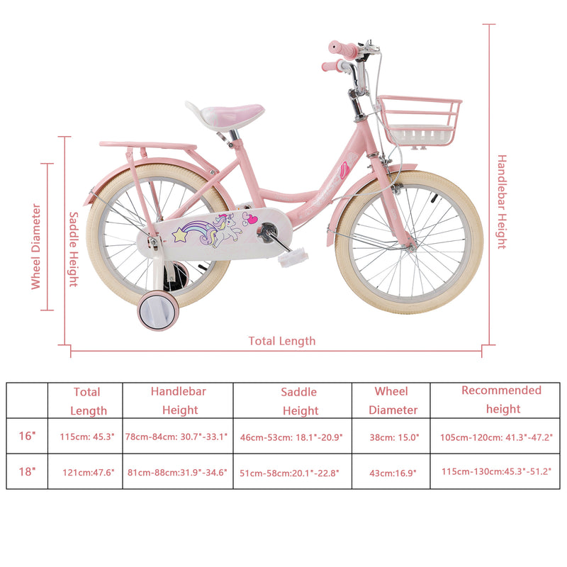 18" Child Bicycle Girls Bike with auxiliary wheels & Rack & Basket Pink