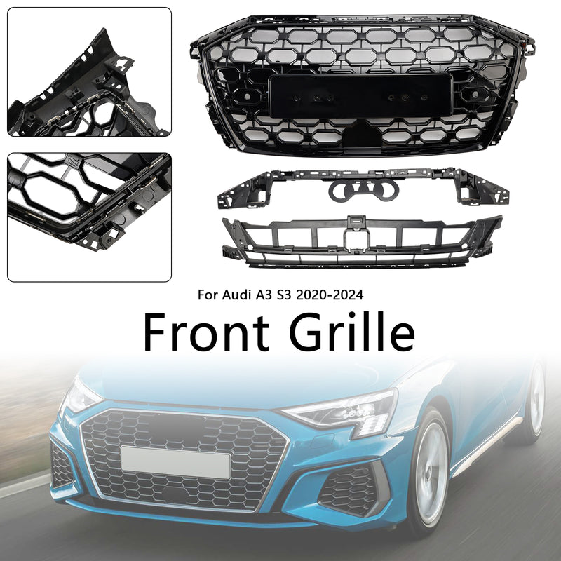 RS3 Style Honeycomb Front Grille Grill Fit Audi A3 S3 2020-2024 Gloss Black