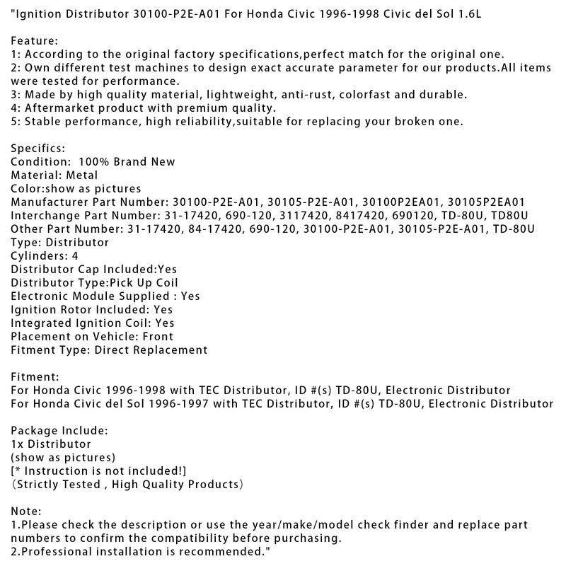 Ignition Distributor 30100-P2E-A01 For Honda Civic 1996-1998 Civic del Sol 1.6L