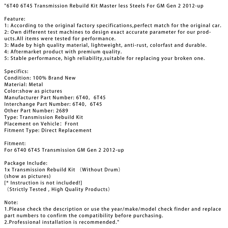 6T40 6T45 Transmission Rebuild Kit Master less Steels For GM Gen 2 2012-up