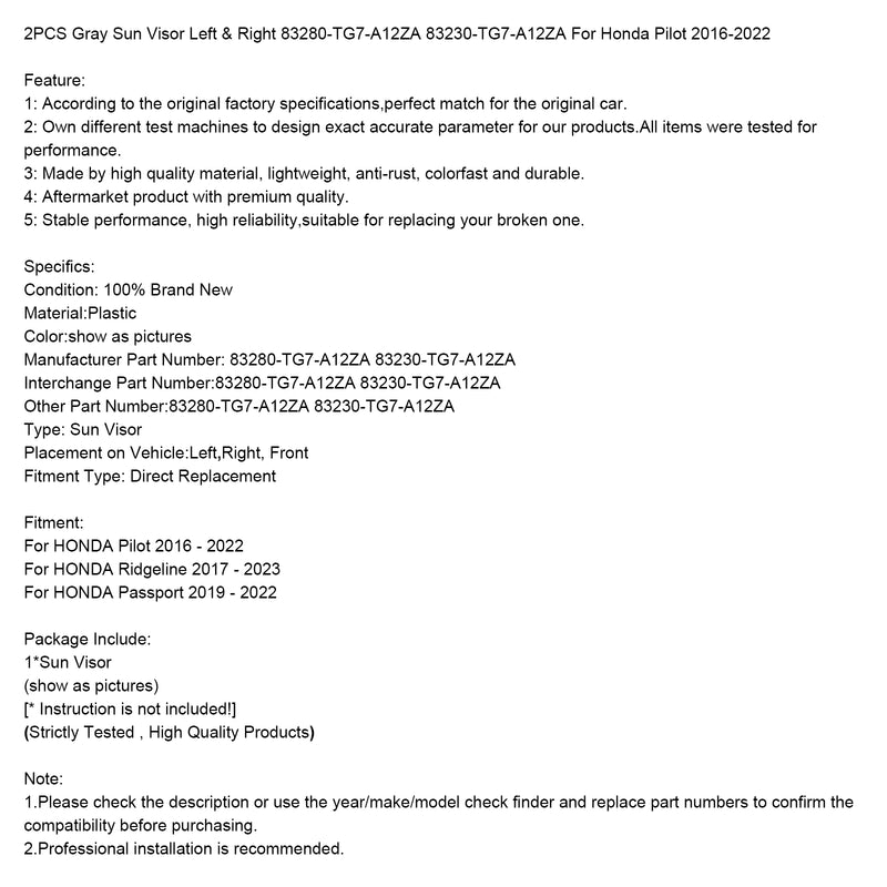 2PCS Gray Sun Visor Left & Right 83280-TG7-A12ZA  For Honda Pilot 2016-2022