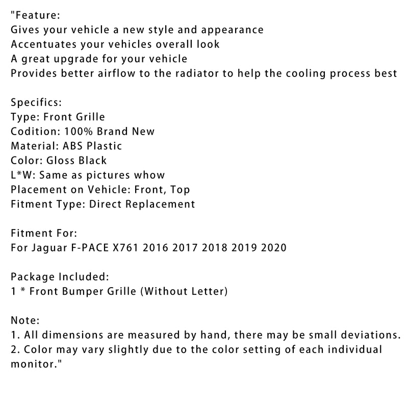 Gloss Black Front Bumper Grill Grille Fit JAGUAR F-PACE X761 2016-2020