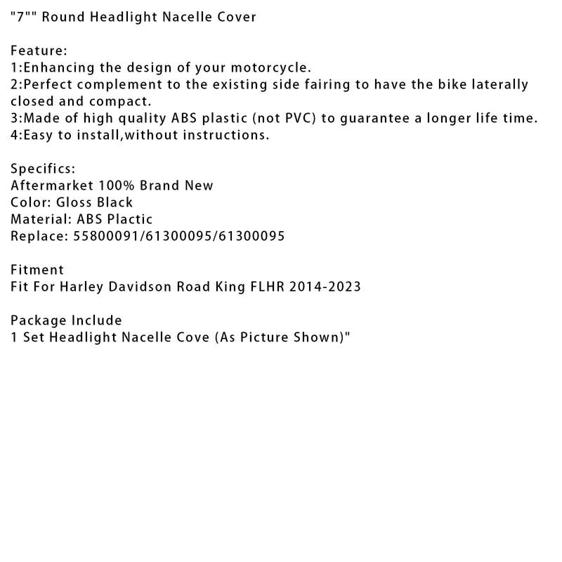 7" Round Headlight Nacelle Cover For Touring Road King FLHR 2014-2023