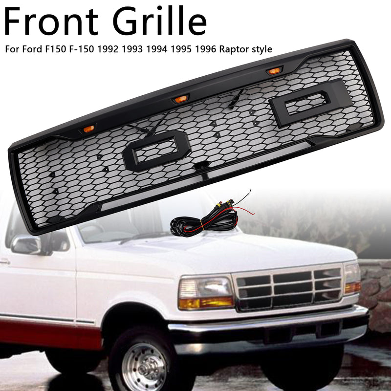 Matte Black Front Honeycomb Bumper Grille Grill Fit Ford F150 1992-1996 W/ Led