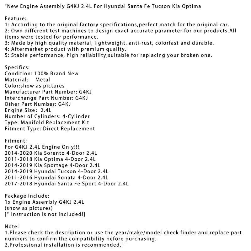 New Engine Assembly G4KJ 2.4L For Hyundai Santa Fe Tucson Kia Optima