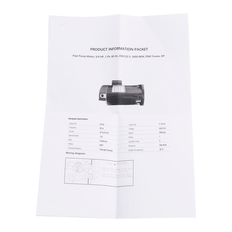 B2852 Square Single Speed Pool Pump Motor 3/4 HP 3450RPM
