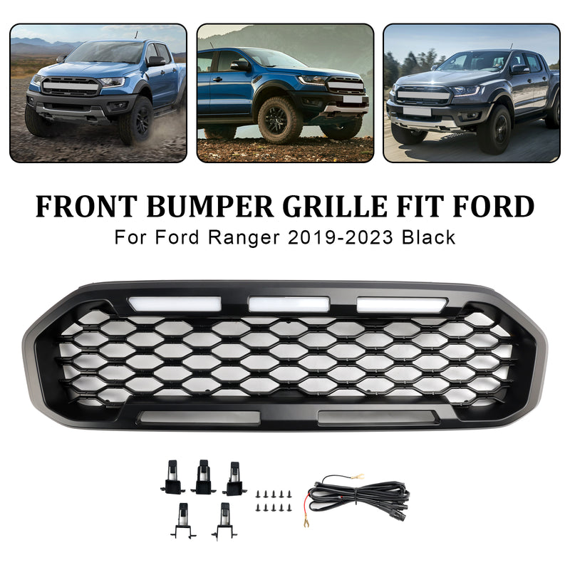 Front Bumper Grill Grille Fit Ford Ranger T8 2019-2023 Black W/LED Light