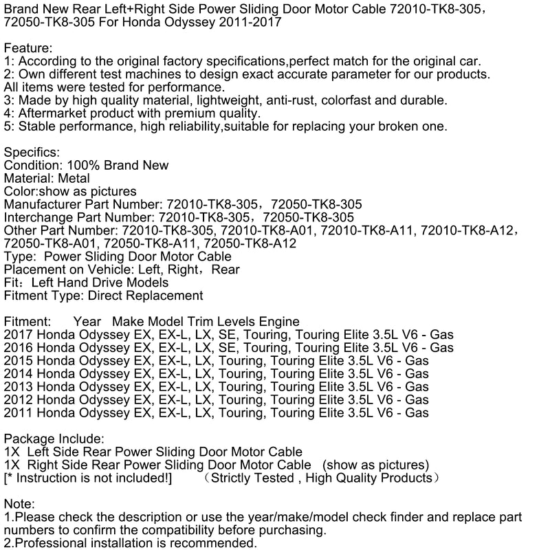 Brand New Rear Left+Right Side Power Sliding Door Motor Cable For Honda Odyssey