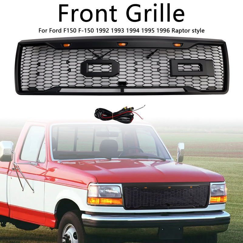 Matte Black Front Honeycomb Bumper Grille Grill Fit Ford F150 1992-1996 W/ Led