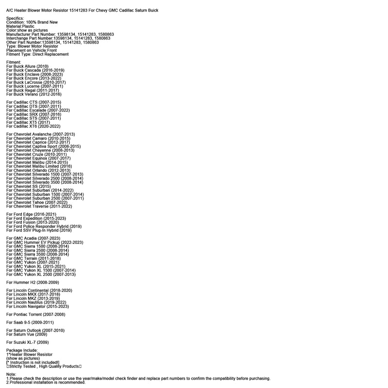 A/C Heater Blower Motor Resistor 15141283 For Chevy GMC Cadillac Saturn Buick