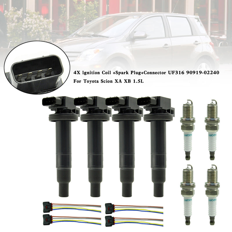 4X lgnition Coil +Spark Plug+Connector UF316 90919-02240 9008019021 For Scion XA XB 1.5L Fedex Express