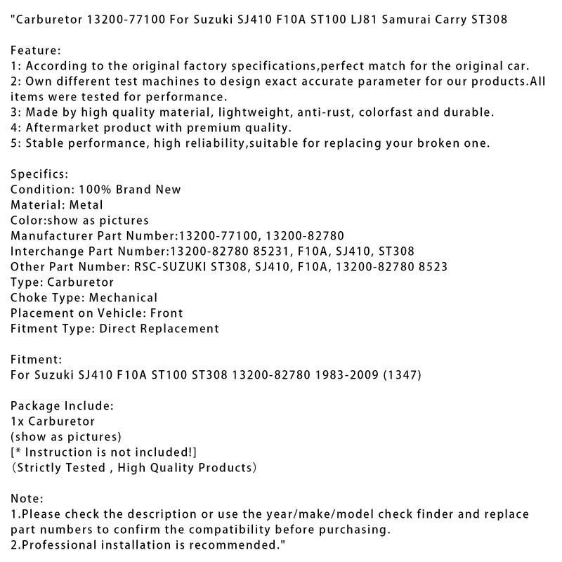 Carburetor 13200-77100 For Suzuki SJ410 F10A ST100 LJ81 Samurai Carry ST308