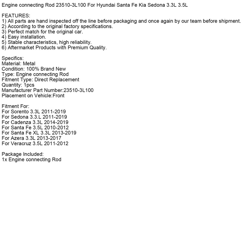 Engine connecting Rod 23510-3L100 For Hyundai Santa Fe Kia Sedona 3.3L 3.5L