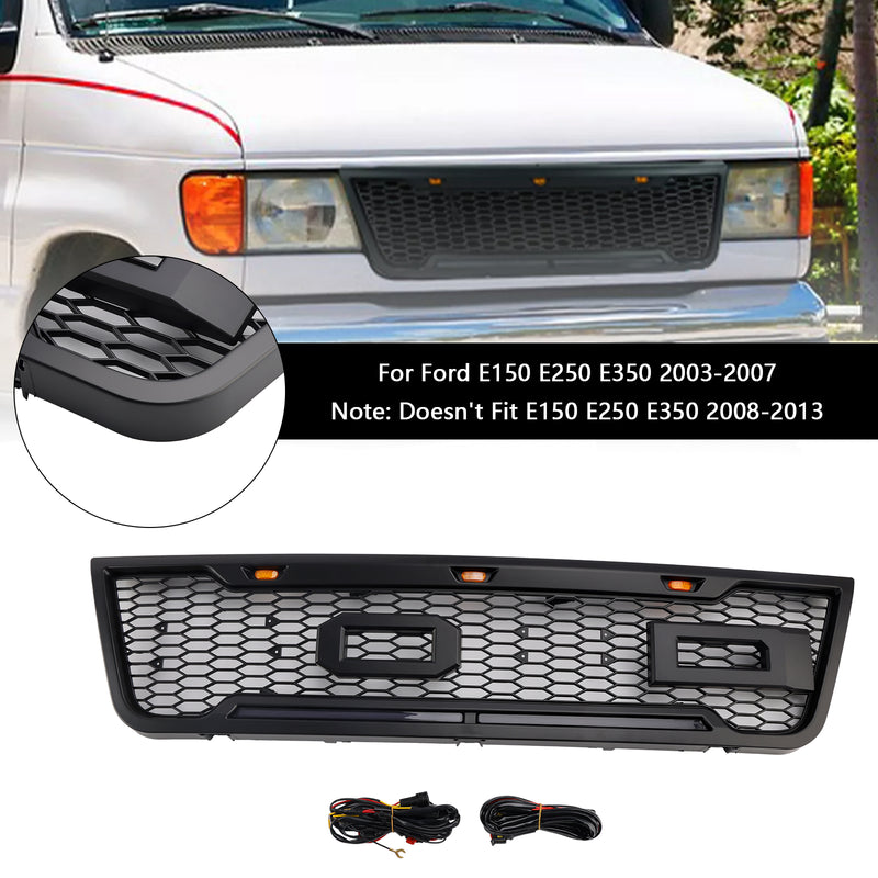 Black Front Bumper Grill Grille Fit Ford E150 E250 E350 2003-2007 With Led