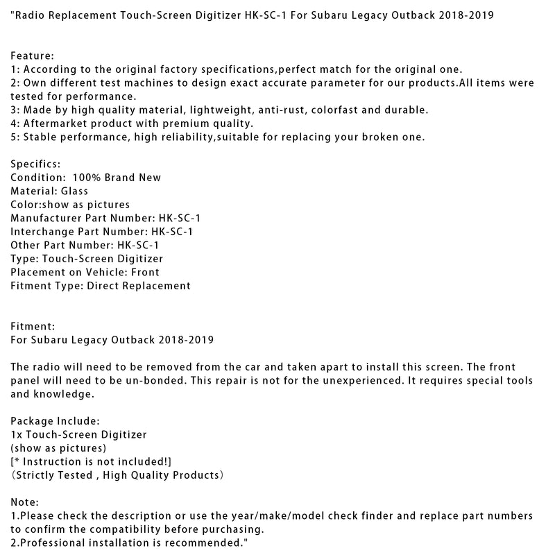 Radio Replacement Touch-Screen Digitizer HK-SC-1 For Subaru Legacy Outback 18-19