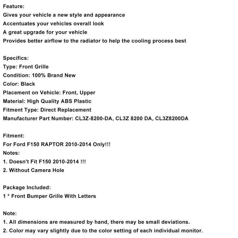 Front Bumper Grille CL3Z8200DA Fit Ford F150 2010-2014 Raptor W/O Camera Hole