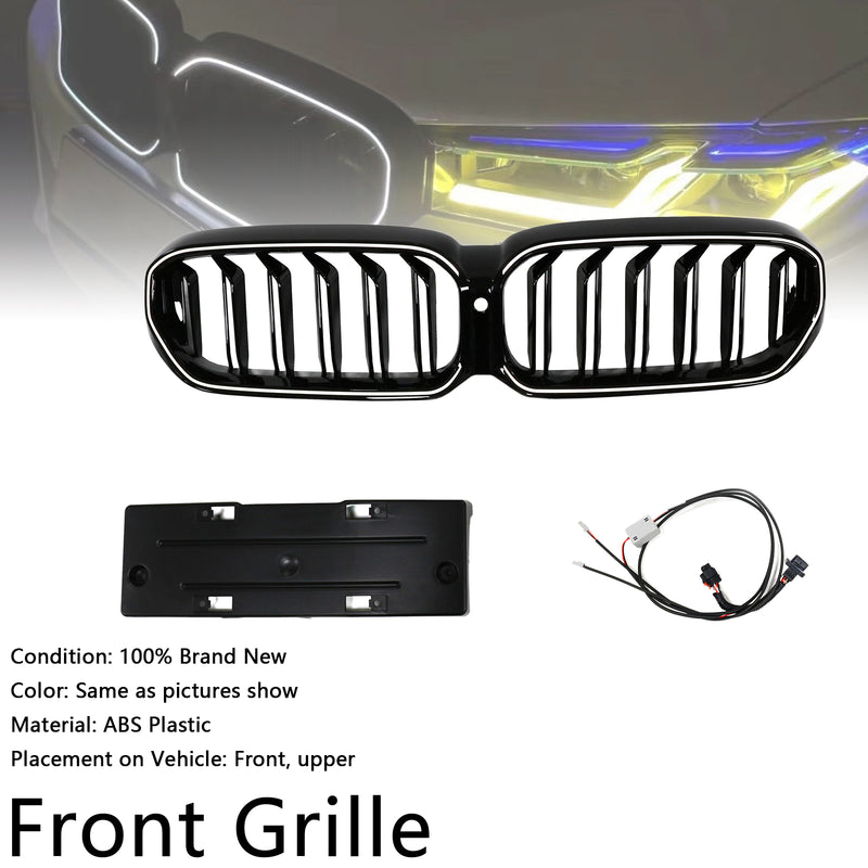 Double Slat Front Kidney Grille Fit BMW 5 Series G30 G38 2021-2024 Gloss Black