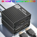8K HDMI 1 to 2 Splitter HD2.1 8K60hz/4K120hz/1080P240hz w EDID 1 Input 2 Output