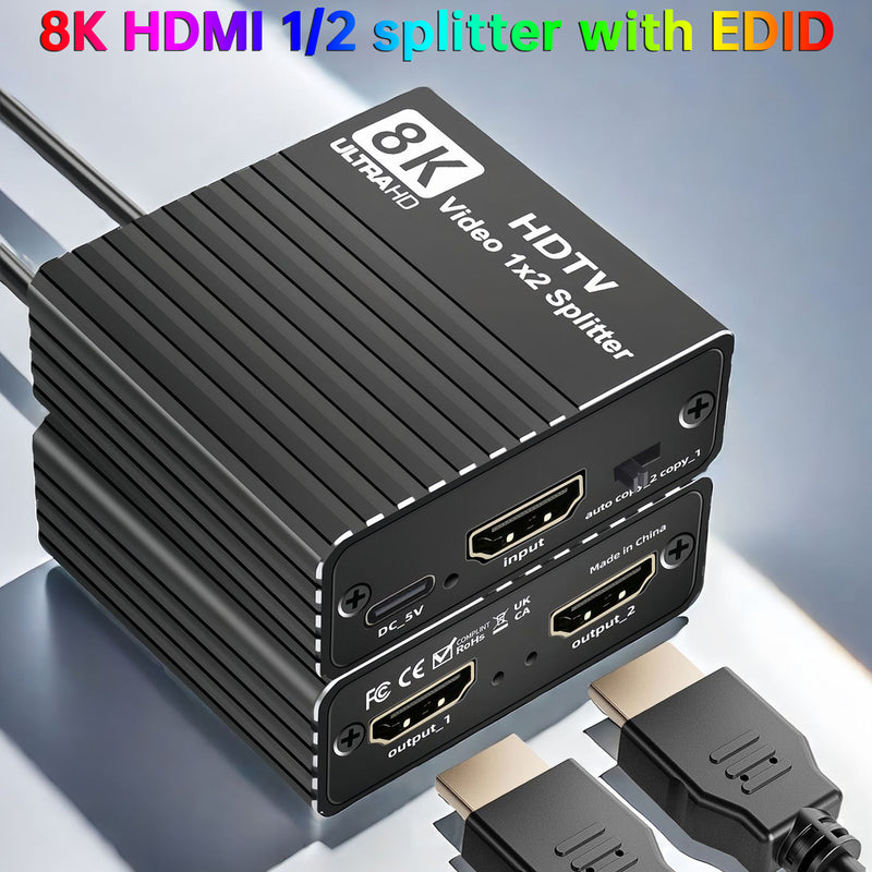 8K HDMI 1 to 2 Splitter HD2.1 8K60hz/4K120hz/1080P240hz w EDID 1 Input 2 Output