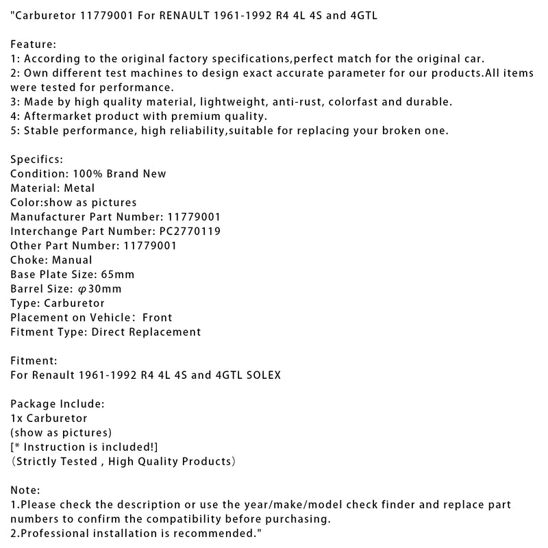 Carburetor 11779001 For RENAULT 1961-1992 R4 4L 4S and 4GTL
