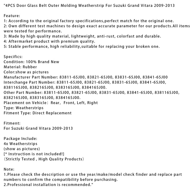 4PCS Door Glass Belt Outer Molding Weatherstrip For Suzuki Grand Vitara 09-13