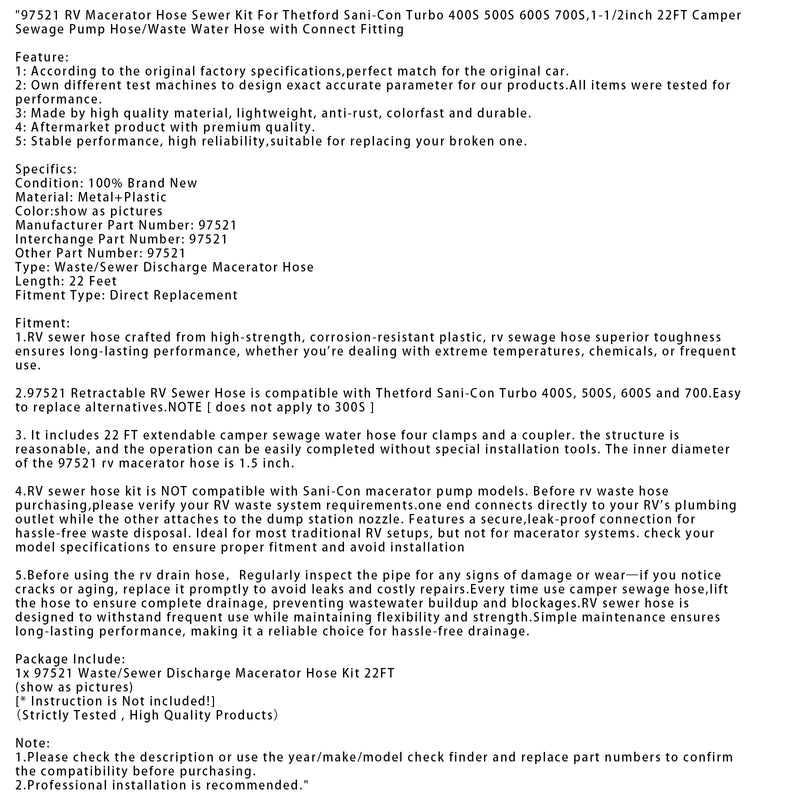 97521 RV Macerator Hose Sewer For Thetford Sani-Con Turbo 400S 1-1/2inch 22FT