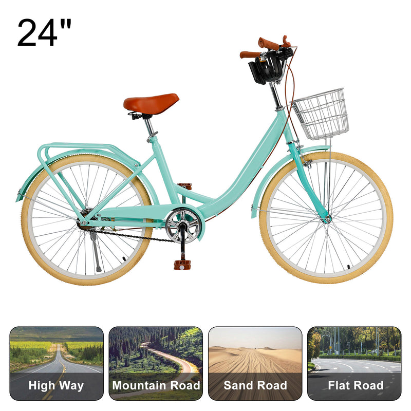 24 inch Women City Bicycle Beach Cruiser Bike with Basket & Rack Green