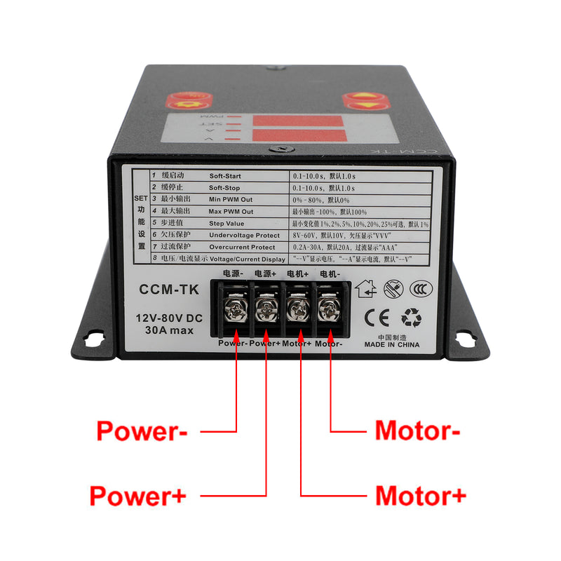DC 12-80V 30A PWM Motor Speed Controller Soft-Start/Stop Voltage Ampere Meter