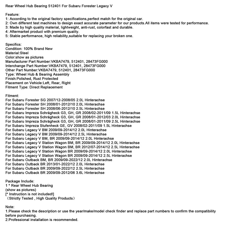 Rear Wheel Hub Bearing 512401 For Subaru Forester Legacy V