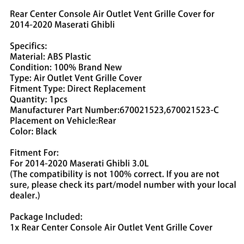 Rear Center Console Air Outlet Vent Grille Cover for Maserati Ghibli 2014-2020