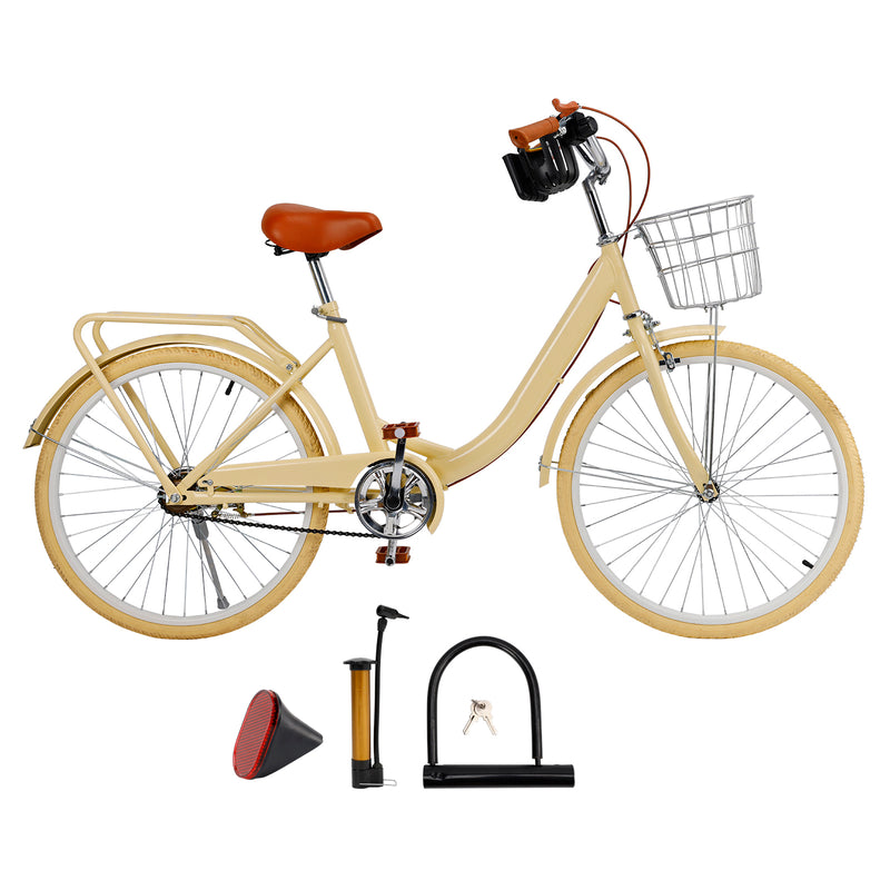 24 inch Women City Bicycle Beach Cruiser Bike with Basket & Rack Yellow