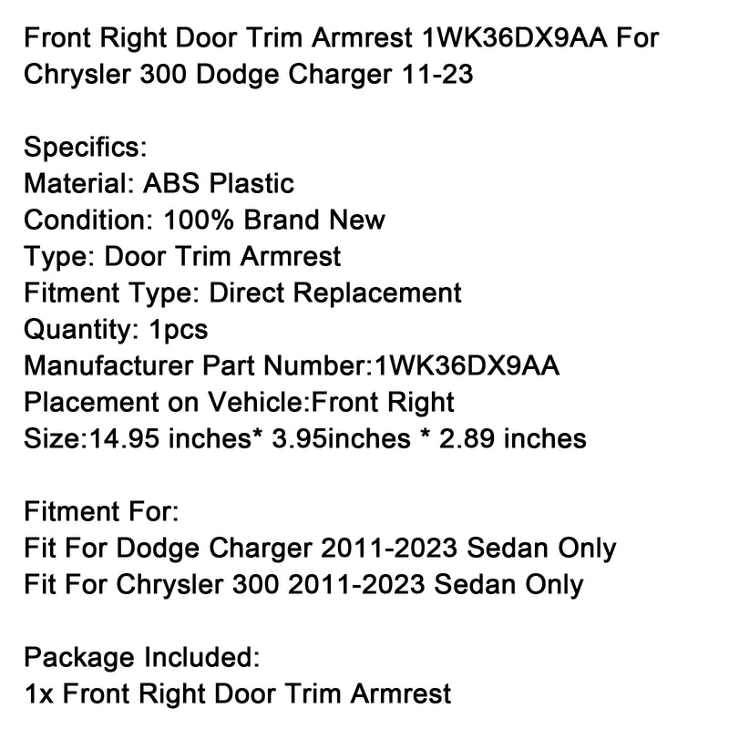 Front Right Door Trim Armrest 1WK36DX9AA For Chrysler 300 Dodge Charger 11-23