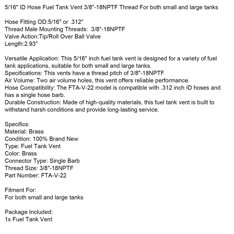 5/16" ID Hose Fuel Tank Vent 3/8"-18NPTF Thread For small and large fuel tanks