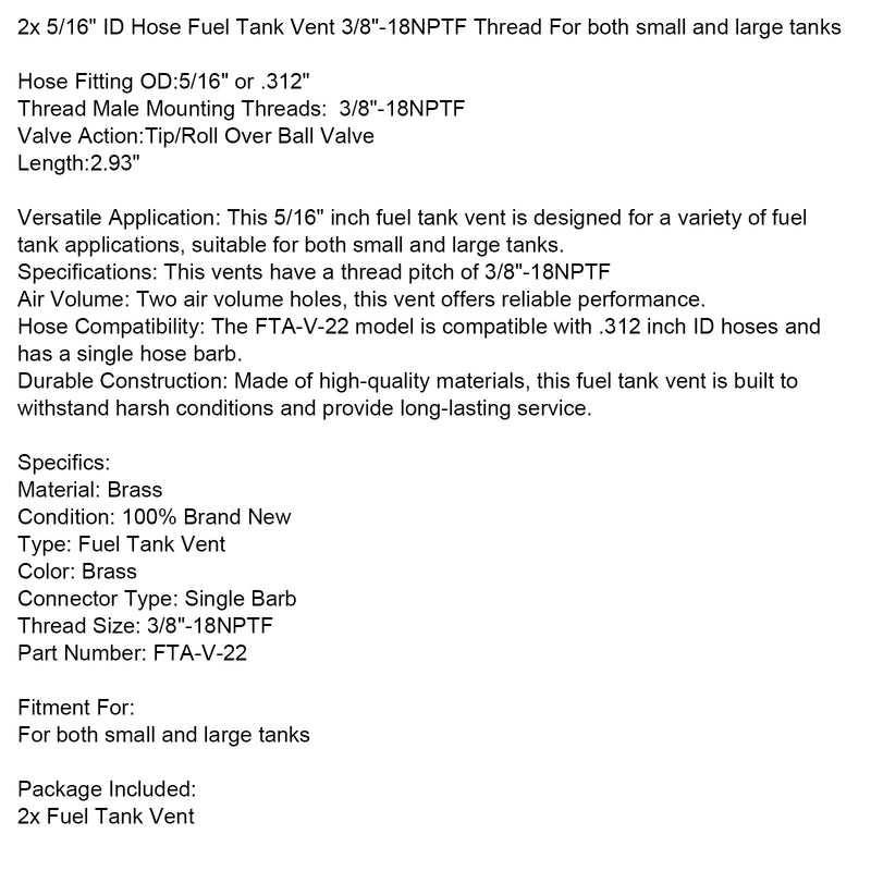 2x 5/16" ID Hose Fuel Tank Vent 3/8"-18NPTF Thread For small and large fuel tanks