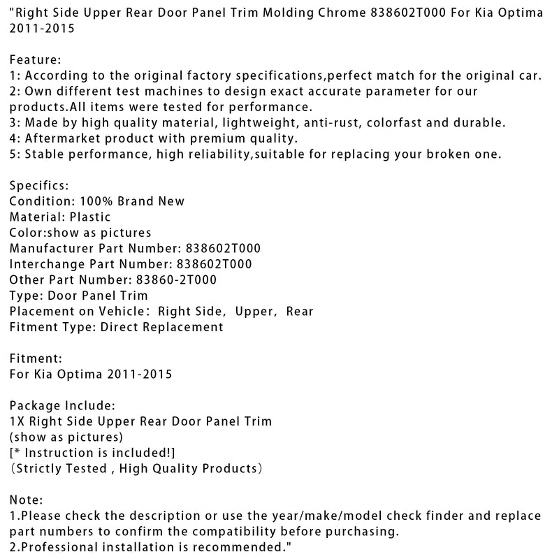 Right Side Upper Rear Door Panel Trim Molding Chrome For Kia Optima 2011-2015