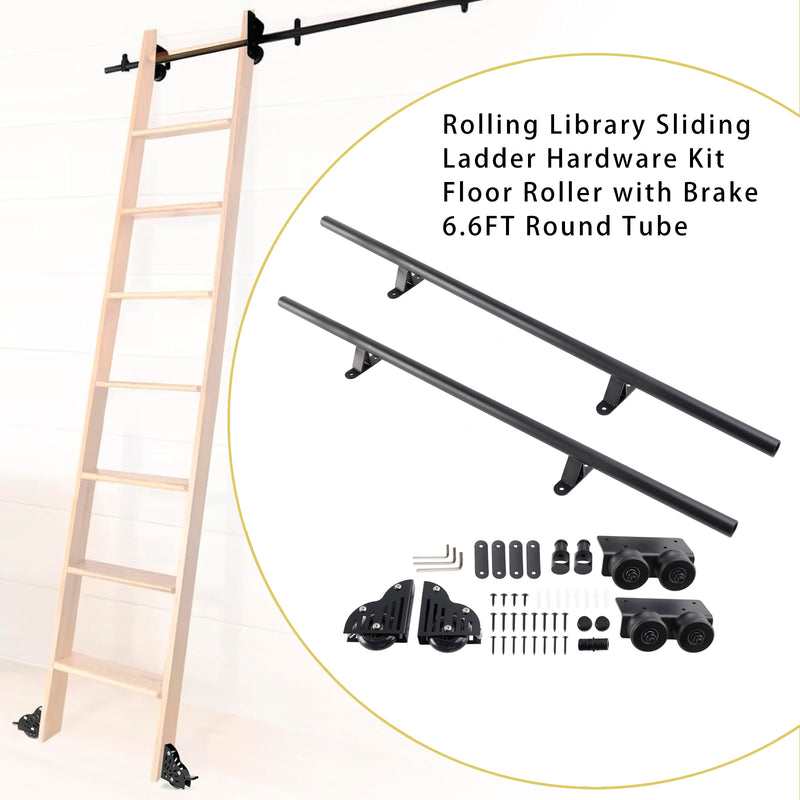 6.6FT Round Tube Rolling Library Sliding Ladder Hardware Kit with Brake